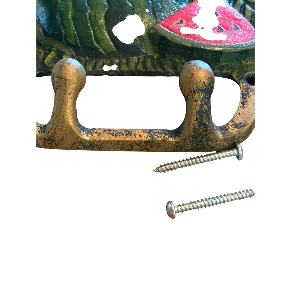 Cast Iron Watermelon Wall Hook Double Rack Rustic Fruit Decor Green Red Bronze